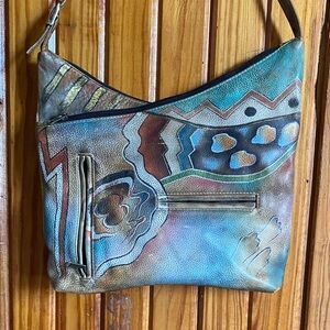 Anuschka Artistic Handpainted Signed  Western Abstract Leather Shoulder Bag
